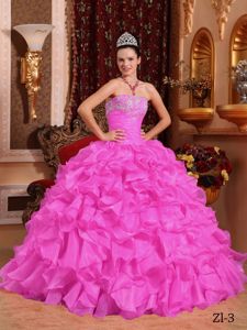 Rose Pink Ruffles Sweet Sixteen Dresses in Organza with Appliques
