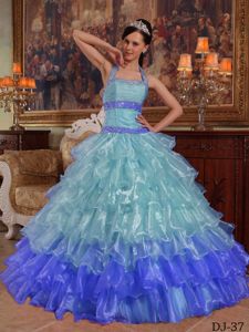 Trendy Halter Top Beaded Quinceanera Dresses with Ruffled Layers