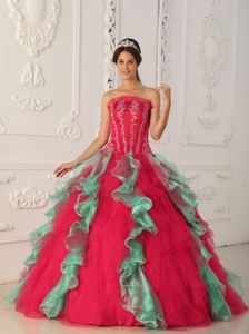 Multi-Colored Strapless Appliques Dress for Sweet 15 with Ruffles