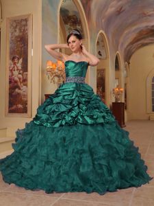 New Beaded Dark Green Quince Dresses with Pick-ups and Ruffles