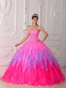 Multi-Colored Ruffles Beaded Sweetheart Sweet 15 Dress in Organza