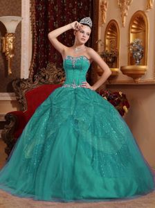 Tulle Turquoise Sweetheart Quince Dress with Beading and Sequins