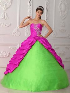 Best Fuchsia and Green Appliques Dress for Quince with Pick-ups