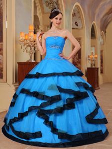 Strapless Beading Organza Dresses for a Quinceanera in Aqua Blue and Black
