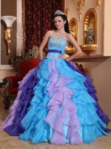 Multi-Colored Ruffles Organza Dress for Quinceanera with Appliques