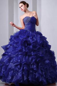 Beading Ruched Bodice Royal Blue Quince Dress with Ruffled Layers