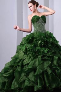 Green Ruffled Layers Quince Dress with Beaded and Ruched Bodice