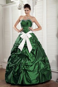 Unique Ruche Beading Green Quince Dress with Pick-ups and Bow