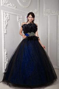 Ball Gown Beaded Black and Blue Feather Quinceanera Dresses
