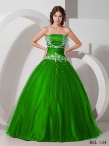 Taffeta Tulle Beaded Appliqued Spring Green Dress for Sweet 16