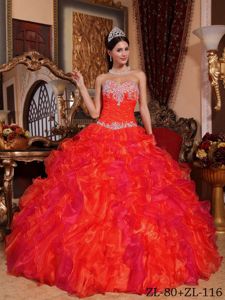 Pretty Sweetheart Appliqued Ruffled Coral Red Quinceanera Dress