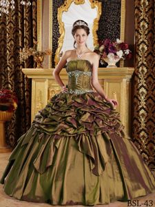 Taffeta Pick-ups Appliqued Olive Green Quinceanera Gown Dress
