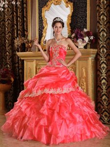 Cheap Organza Appliqued Ruffled Watermelon Dress for a Quince