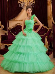 Best Apple Green One Shoulder Ruffled Dress for a Quinceanera