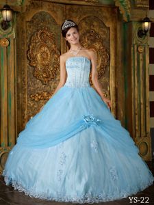 Corset Back Strapless Appliqued Baby Blue Quinceanera Dresses