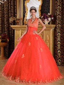 Best Rust Red Halter Top Quinceanera Party Dress with Lace Hem
