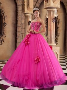 Beading Hot Pink Hand Made Flowers Appliques Quinceanera Gown