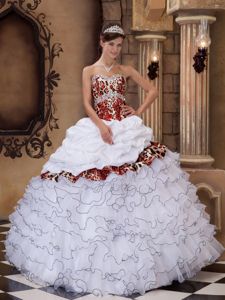 White Sweetheart Pick-ups and Ruffles Leopard Quinceanera Gown