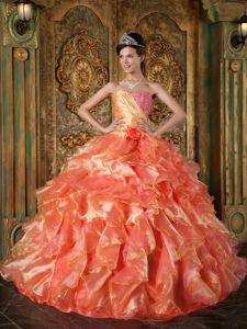 Orange Ball Gown Beading Ruched Quince Dresses with Ruffles Plus
