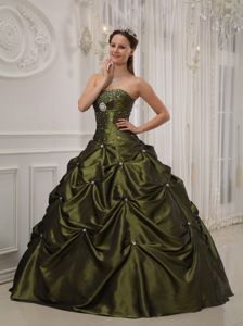 Excellent Olive Green Strapless Pick-ups Beading Quince Dresses