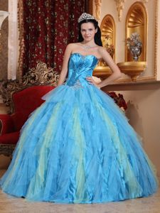 Colorful Sweetheart Ruched Bodice Beaded Ruffled Quince Dress