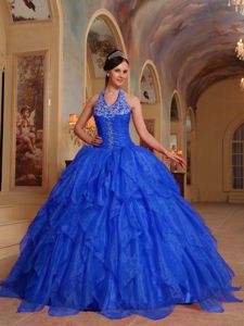 Royal Blue Appliqued Halter Top Dress for Sweet 15 with Ruffles