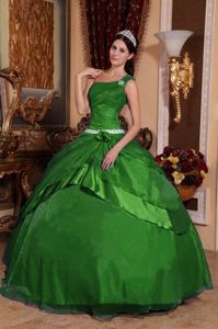 Excellent Green one Shoulder Tiered Dress for Sweet 15 with Sash