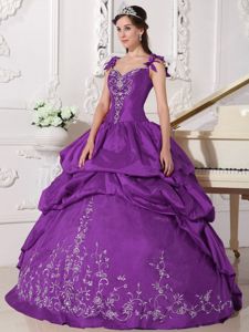 Purple Ball Gown Pick-ups Embroidery Quince Dresses with Straps