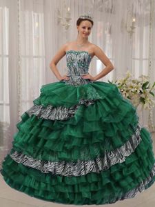 Green Strapless Multi-tiered Ruffled Zebra Decorate Quince Dresses
