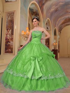 Spring Green Strapless Sweet Sixteen Dresses with Many Bowknots
