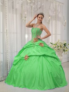 Spring Green Strapless Pick-ups Hand Made Flowers Sweet 16 Dresses