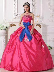 Hot Pink Pick-ups Appliques Quinceanera Gowns with Blue Bowknot