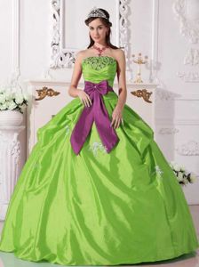 Bow Accent Sash Strapless Appliqued Organza Dress for Quinceanera