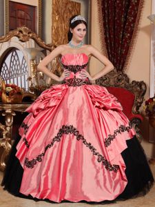Watermelon and Black Pick-ups Strapless Appliques Quince Dresses