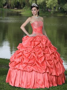 Coral Red Strapless Beading Pick-ups Pleated Sweet 15 Dresses
