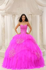 Discount Hot Pink Corset Appliqued Quinceanera Gowns Online