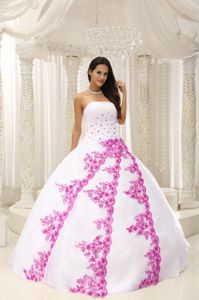 Cute Strapless White Sweet Sixteen Dress with Fuchsia Appliques