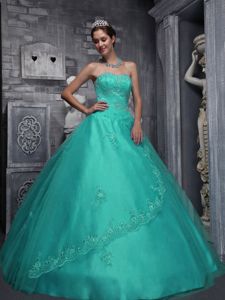 Cheap Sweetheart Satin Appliqued Turquoise Sweet 15 Dress