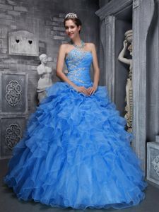 Beautiful Sweetheart Blue Quinceanera Dress Ruffled Appliqued