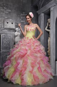 Multi-color Ruffled Quinceanera Gown with Handmade Flowers