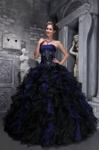 Ball Gown Strapless Navy Blue Ruffled Appliqued Sweet 16 Dress
