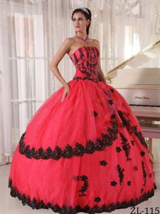 Attractive Coral Red Quinceanera Dress with Black Appliques