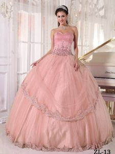 Pink Sweetheart Taffeta and Tulle Appliques Quinceanera Dresses