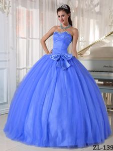 Blue Tulle Dress for Quinceanera with Bowknot and Beading