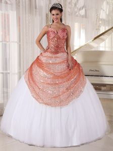 White and Rust Red Halter Tulle Quinceanera Gown Dresses