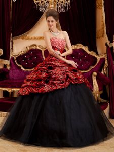 2014 Sexy Red and Black Strapless Zebra and Tulle lady gaga style Quinceanera Dresses