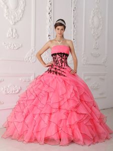 Watermelon Quinceanera Dress with Beautiful Black Appliques