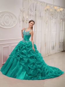 Court Train Sweet 15th Dress in Turquoise with Spaghetti Straps