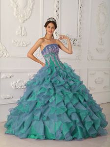 Sweet 16th Dress with Beading and Appliques in Blue and Green