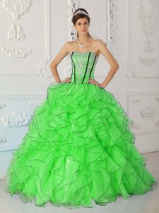 Appliqued Quinces Gown in Spring Green and Black with Organza